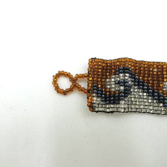 Handmade Beaded Cuff Bracelet Seed Bead Wave Pattern Amber Silver Black Boho - Picture 6 of 10